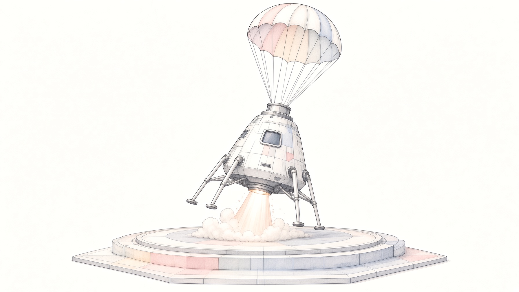 A capsule landing on a pad under a parachute