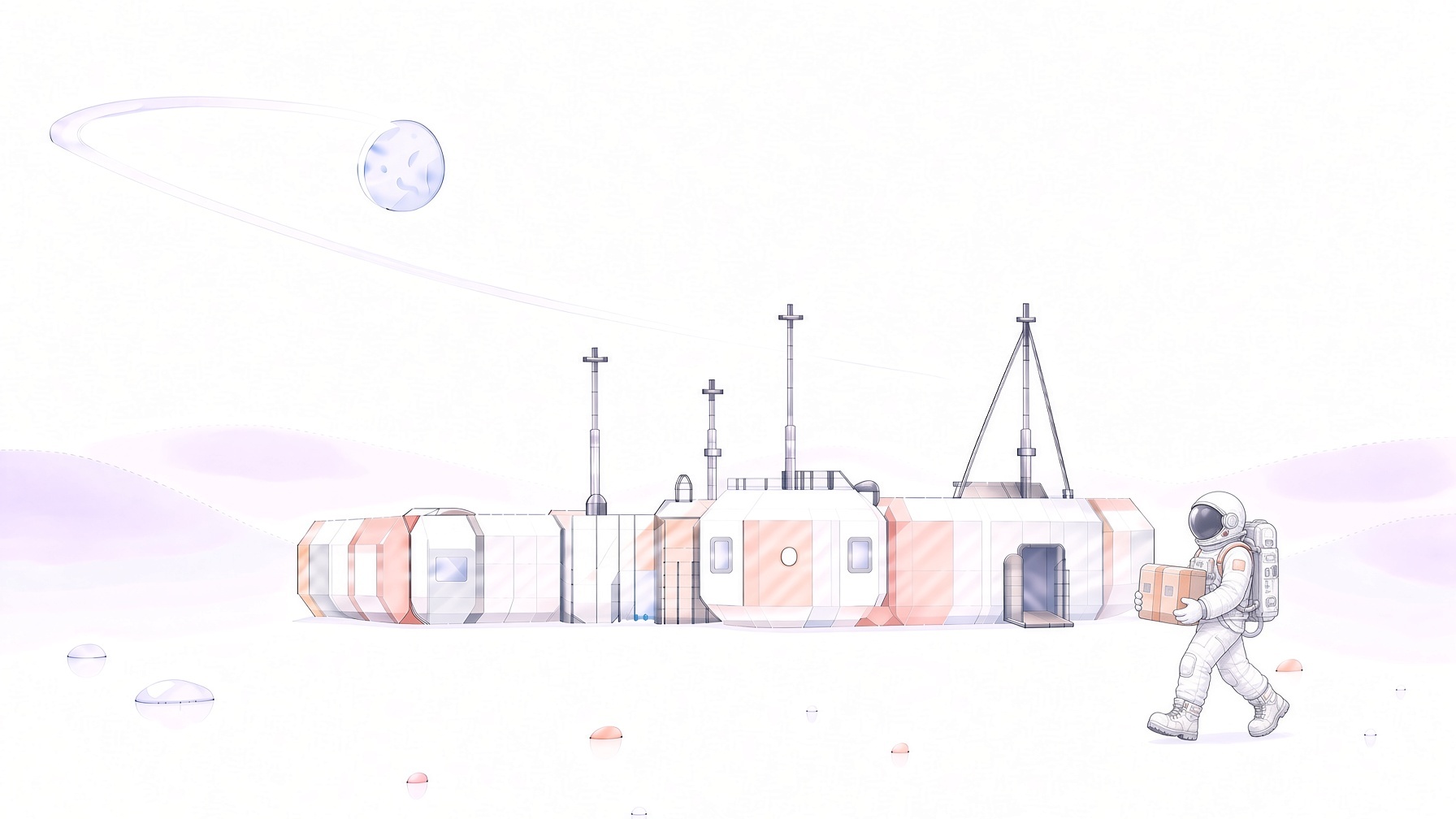 Pencil and watercolor drawing of a research station on an open plain, an astronaut carrying a crate toward the door, a small moon in orbit overhead