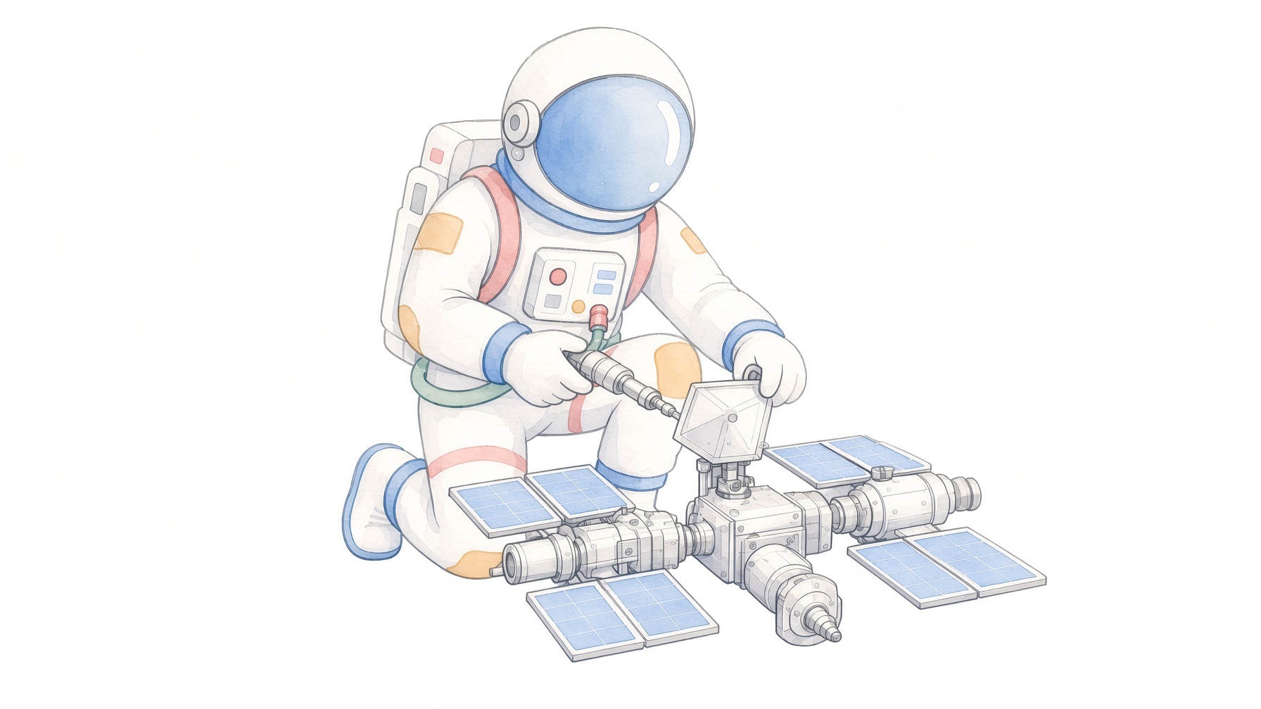 An astronaut kneeling, repairing a small satellite with a hand tool