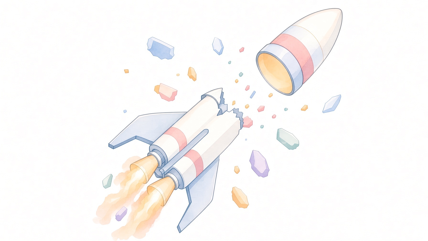 A rocket coming apart mid-flight, small colored pieces scattering