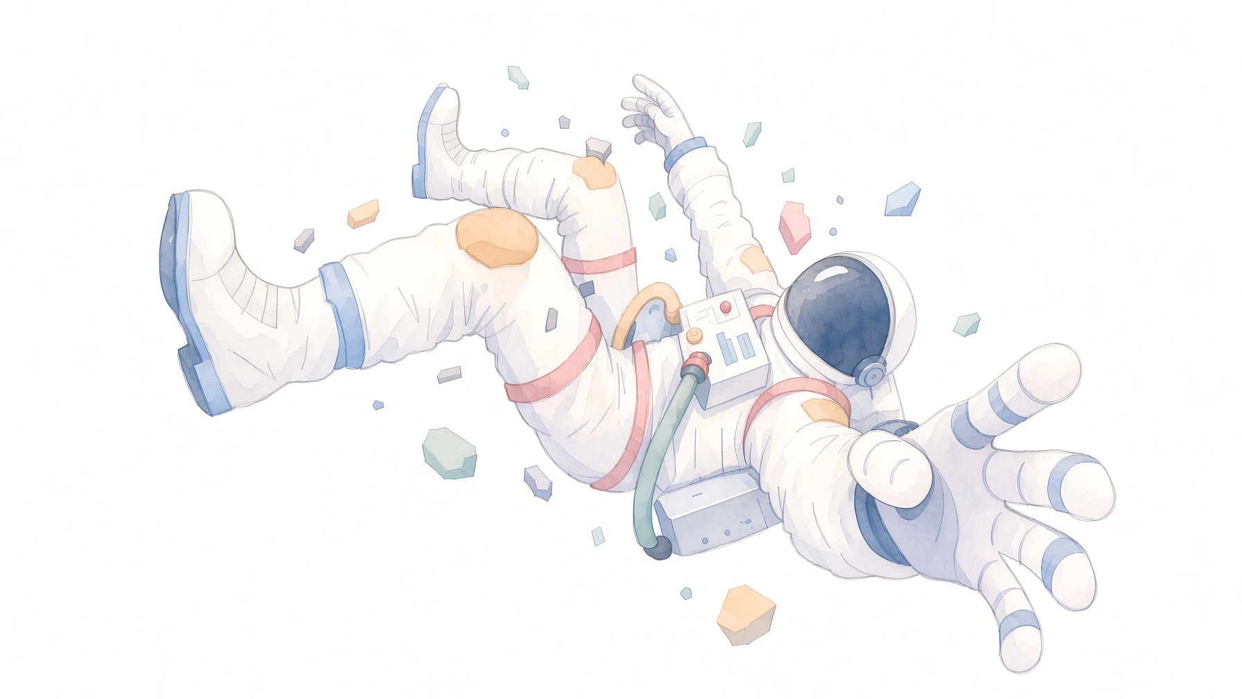 An astronaut tumbling through open space, reaching for scattered pieces