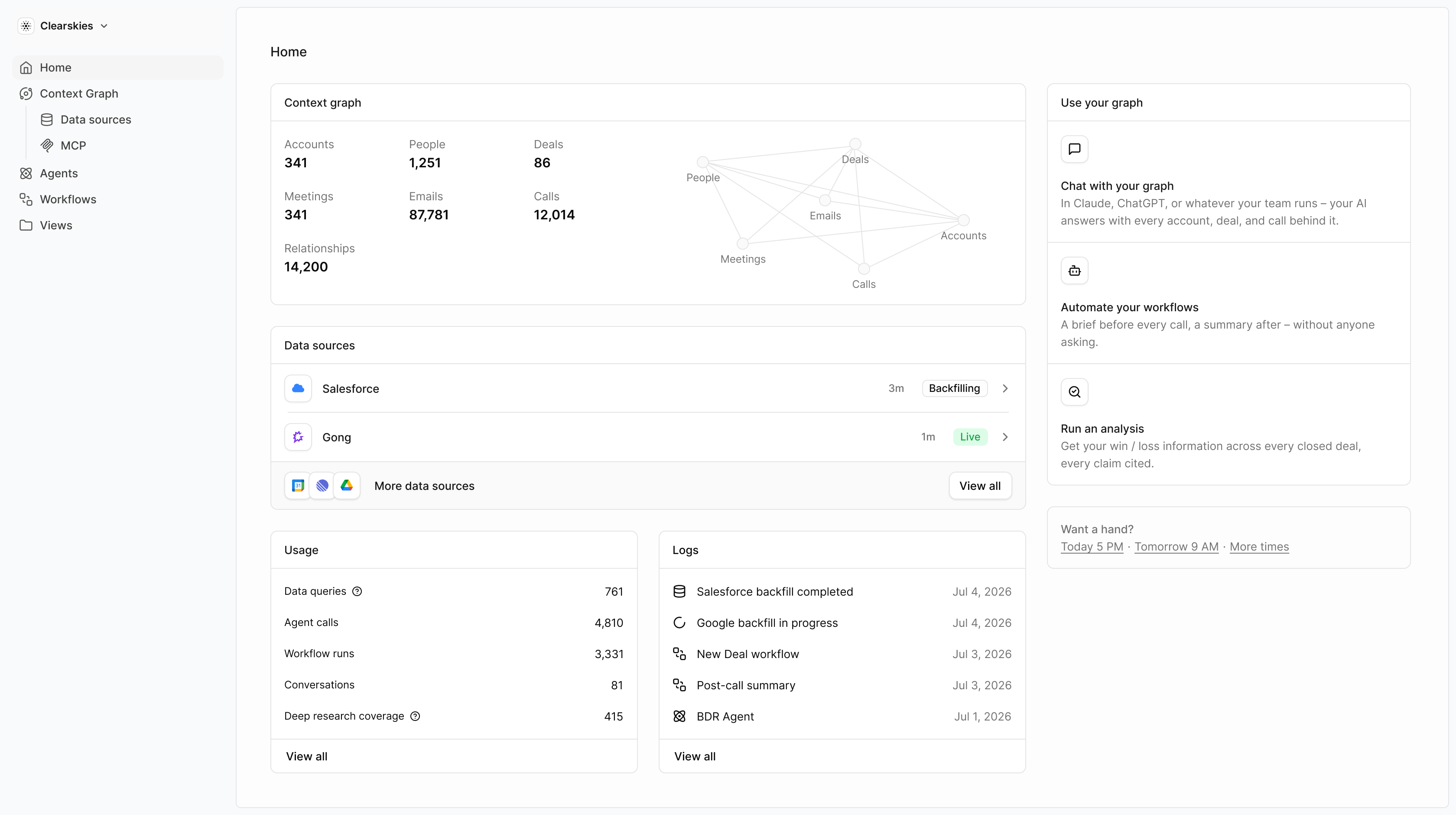 Clearskies dashboard — context graph, data sources, usage, and logs