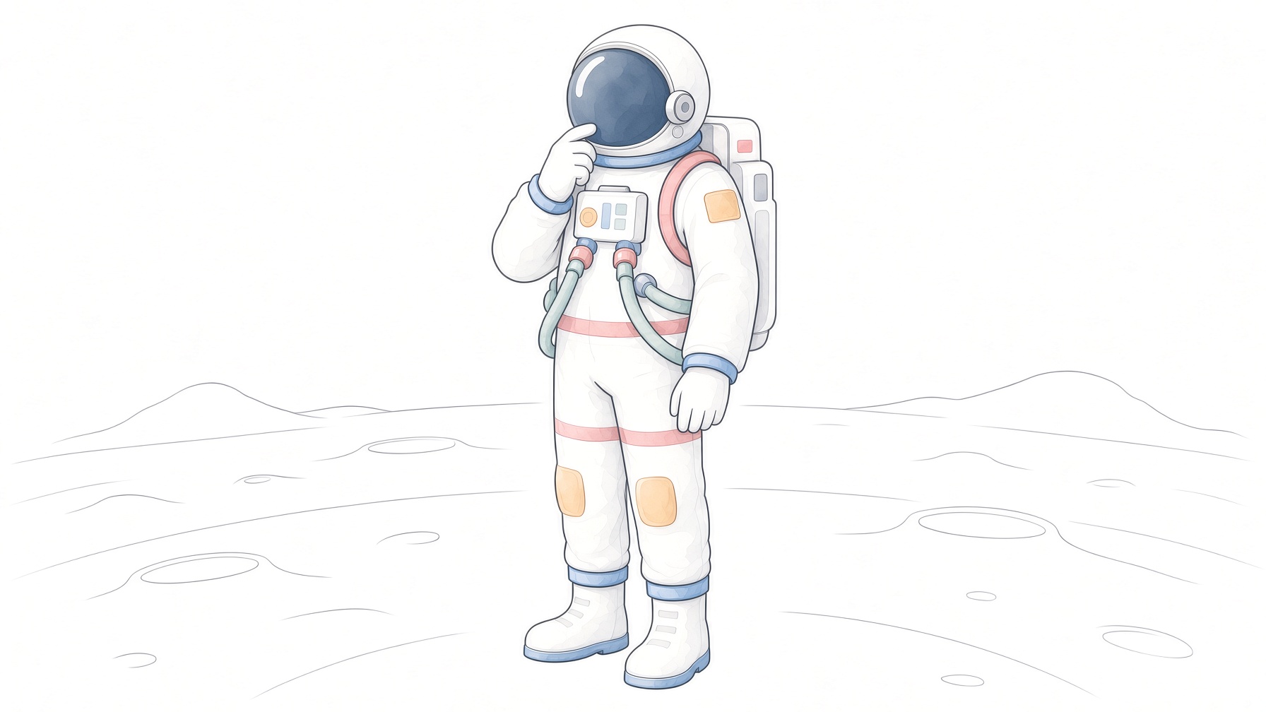 An astronaut standing, holding a helmet, pencil and watercolor
