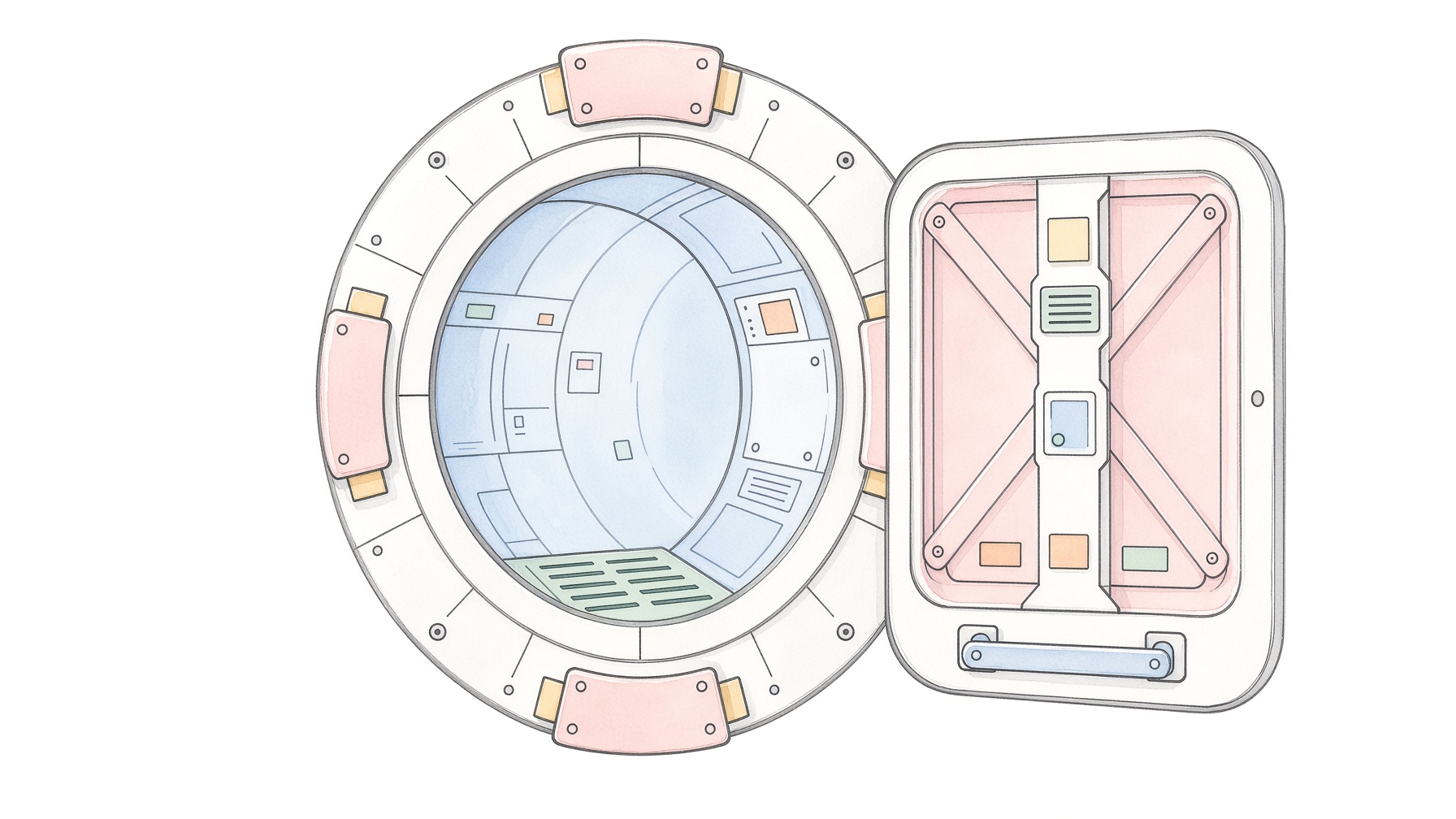 Two circular module diagrams, pencil and watercolor