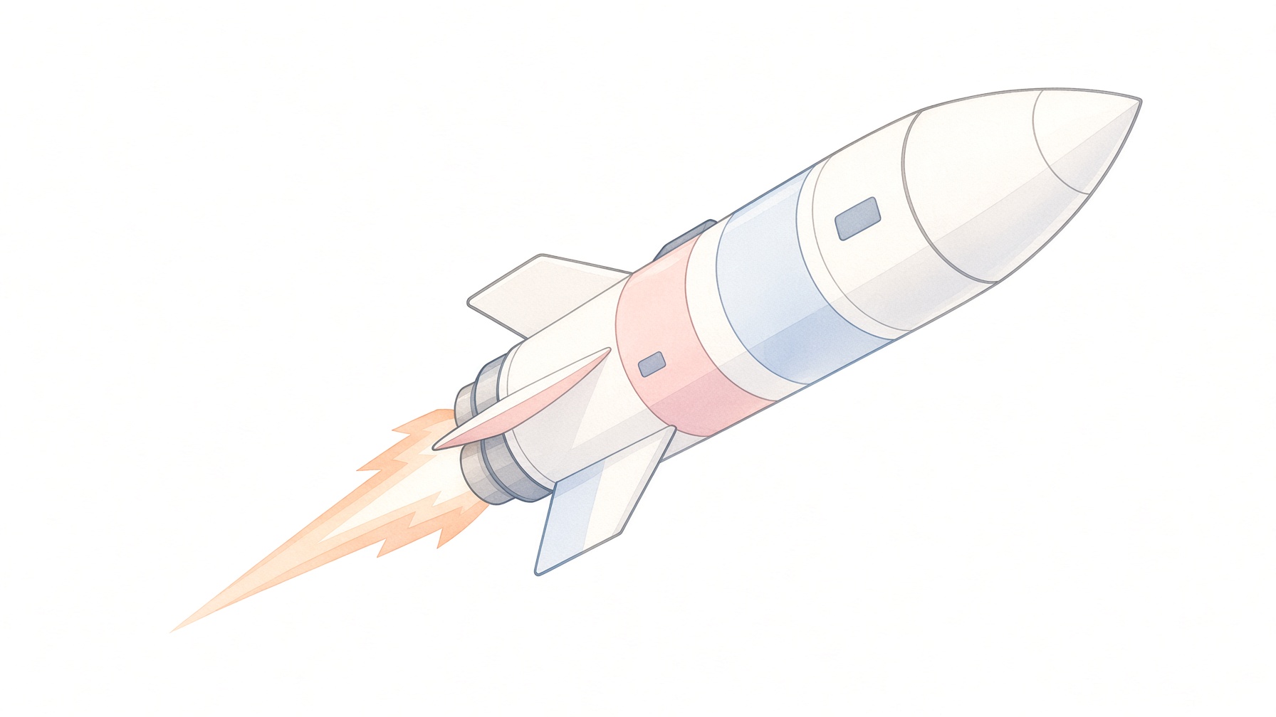 A rocket lifting off at an angle, pencil and watercolor