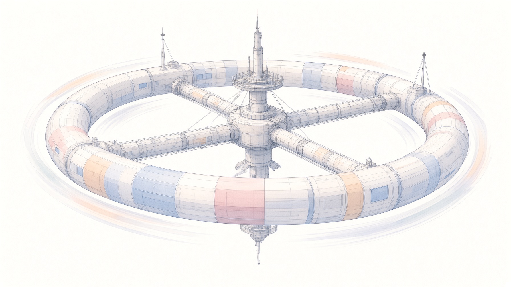 A space station with a ring, drawn in pencil and watercolor