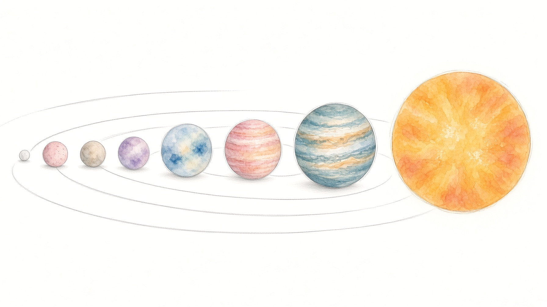 A row of planets in pencil and watercolor, small to large