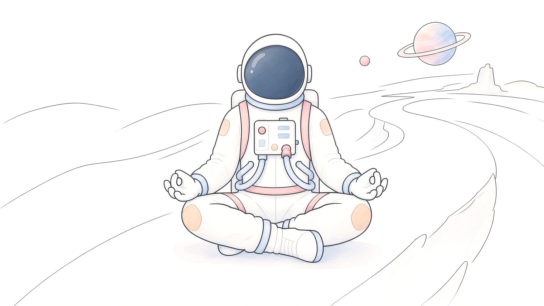 An astronaut sitting cross-legged, pencil and watercolor