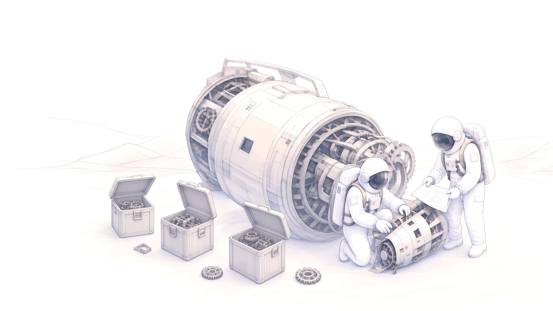 Two astronauts assembling a module, pencil and watercolor